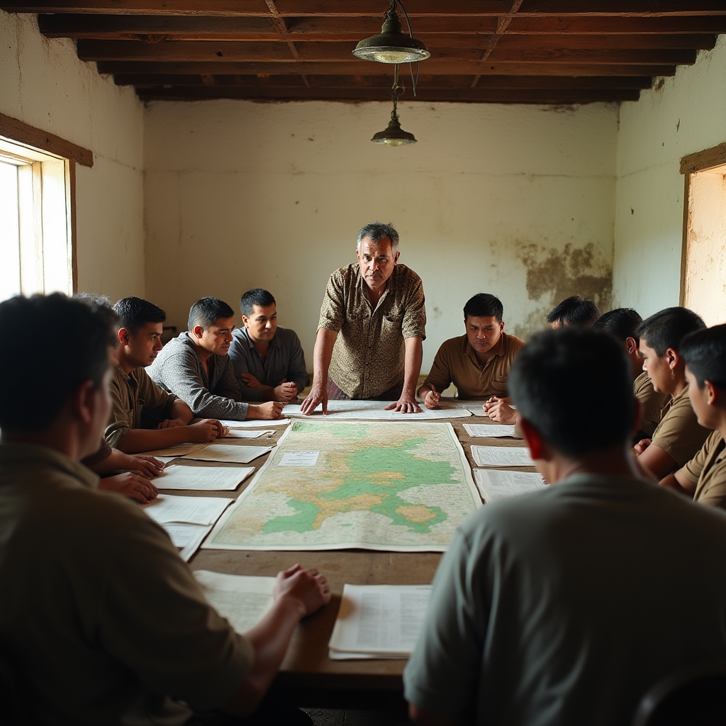 Ejido community assembly meeting with members gathered around a table reviewing documents