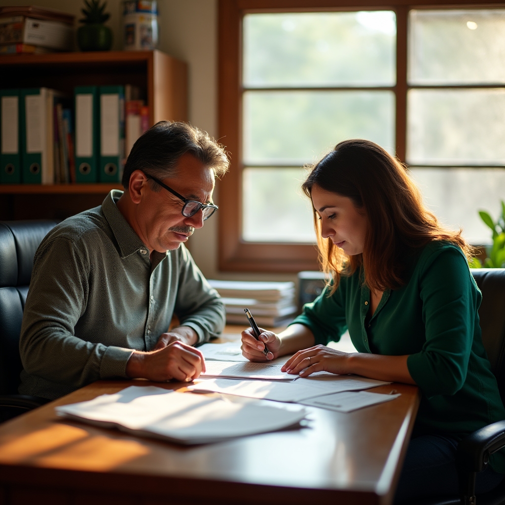 Ejido commissioner consulting with governance advisor over printed maps and land records in a rural office setting