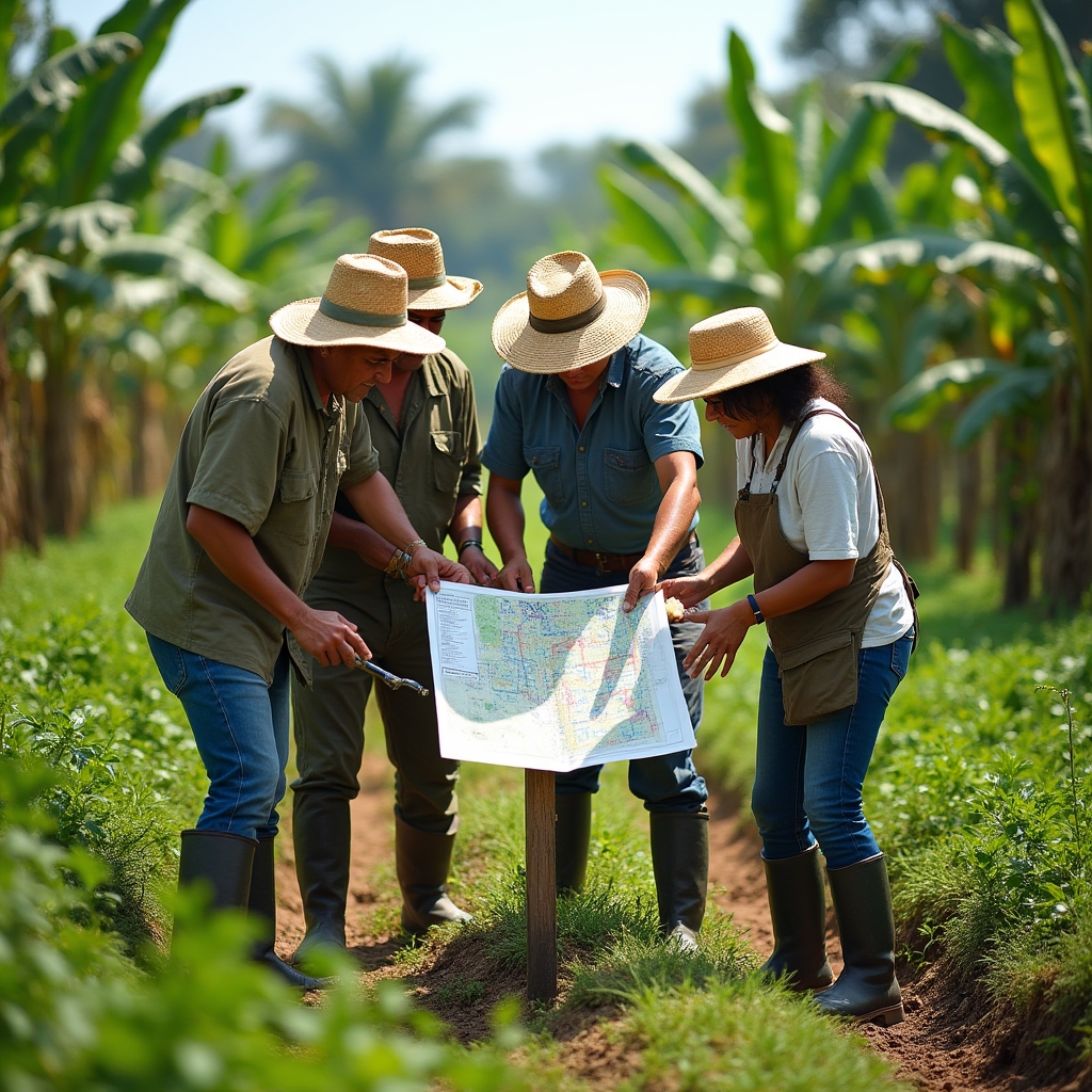 Ejido community members working together in agricultural fields surrounded by tropical vegetation in Veracruz Mexico