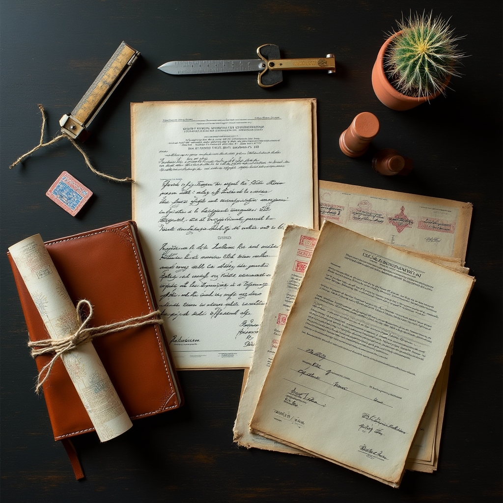 Governance documents, land maps, and official seals arranged on a wooden table in a consultancy office