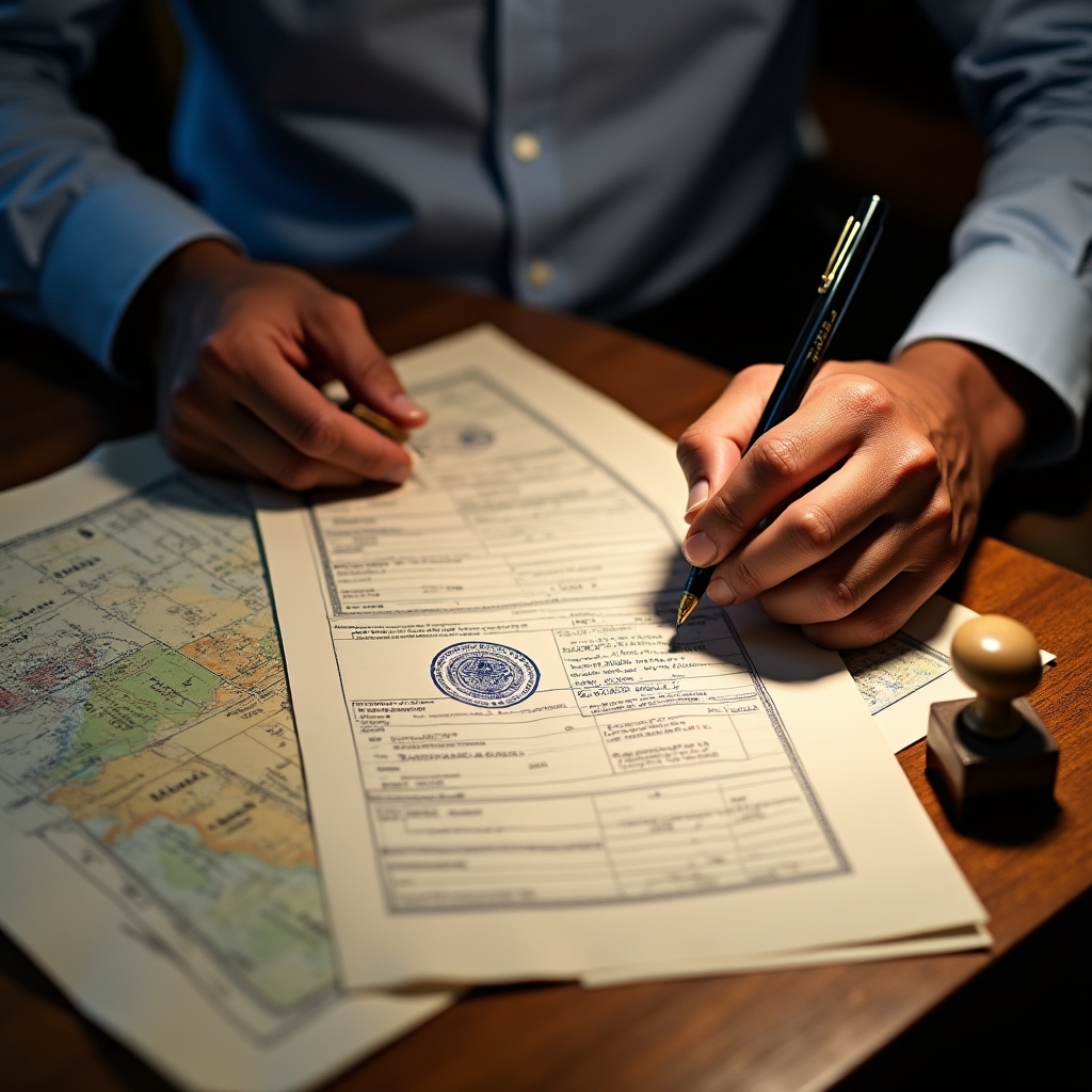 Agrarian parcel rights registration documents spread on a desk with official stamps