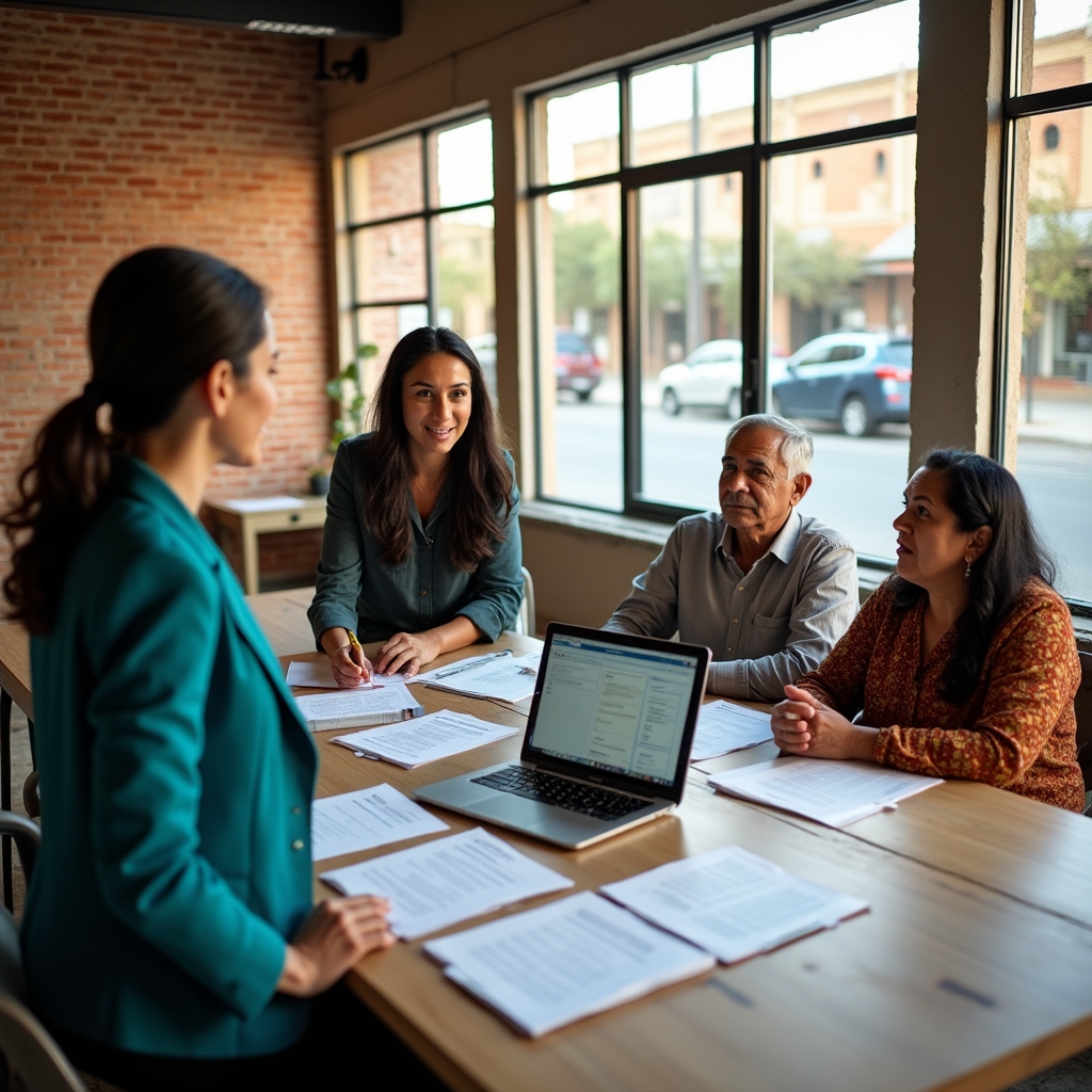 Governance consultant reviewing RAN registry documents with ejido representatives in a modern office with natural light